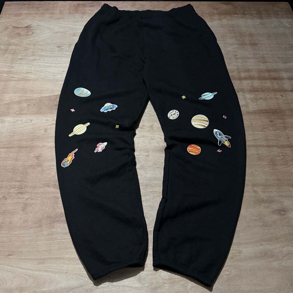 Black Space Planet Embroidered Sweatpants Large Celestial Graphic Joggers